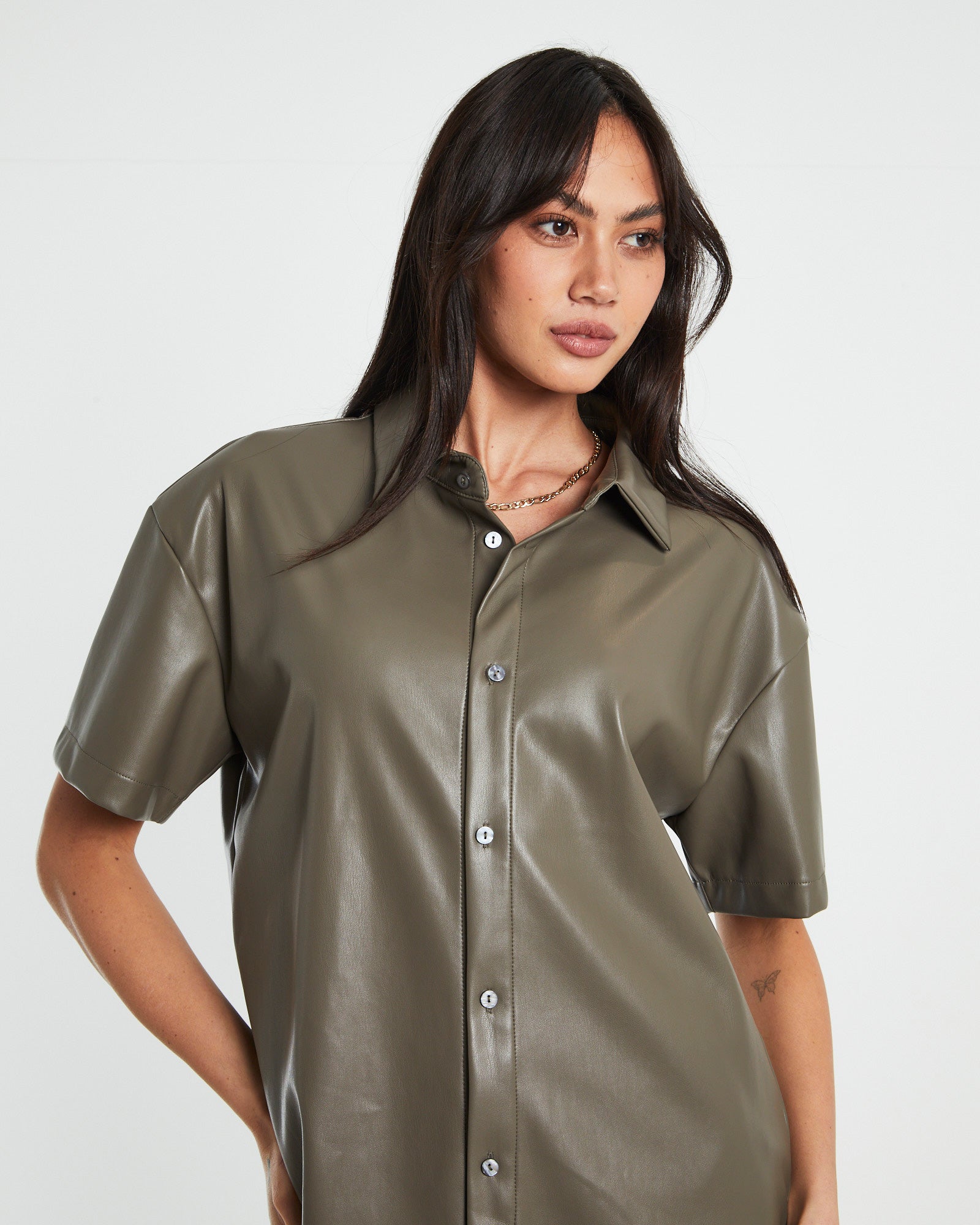 Phoebe Leather Look Shirt PUTTY