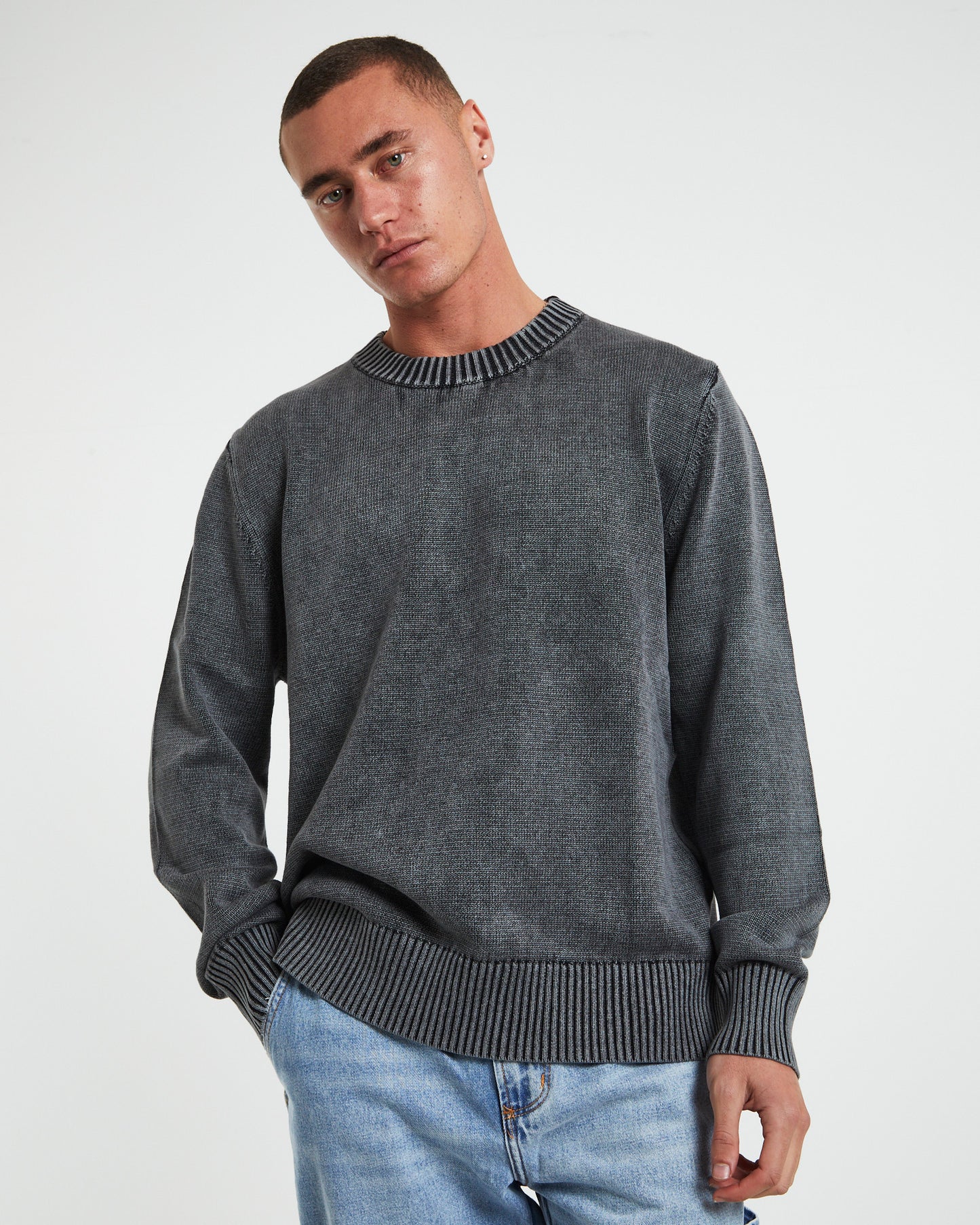 Strummer Acid Wash Long Sleeve Knit in Dark Charcoal