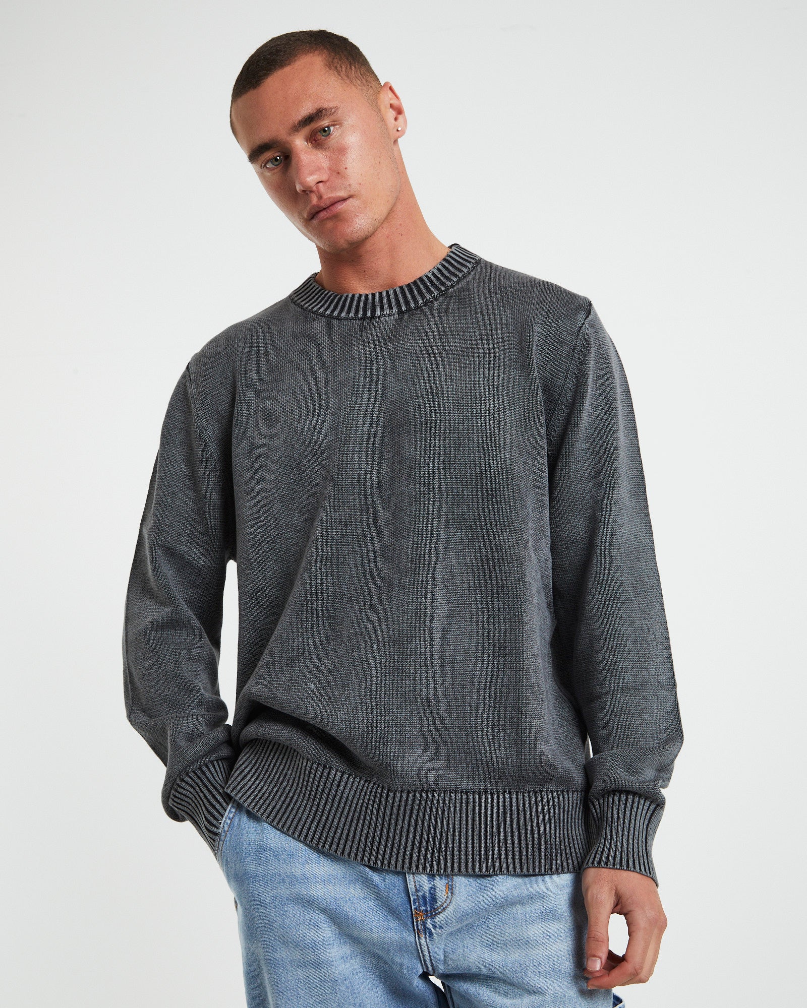 Strummer Acid Wash Long Sleeve Knit in Dark Charcoal GREY