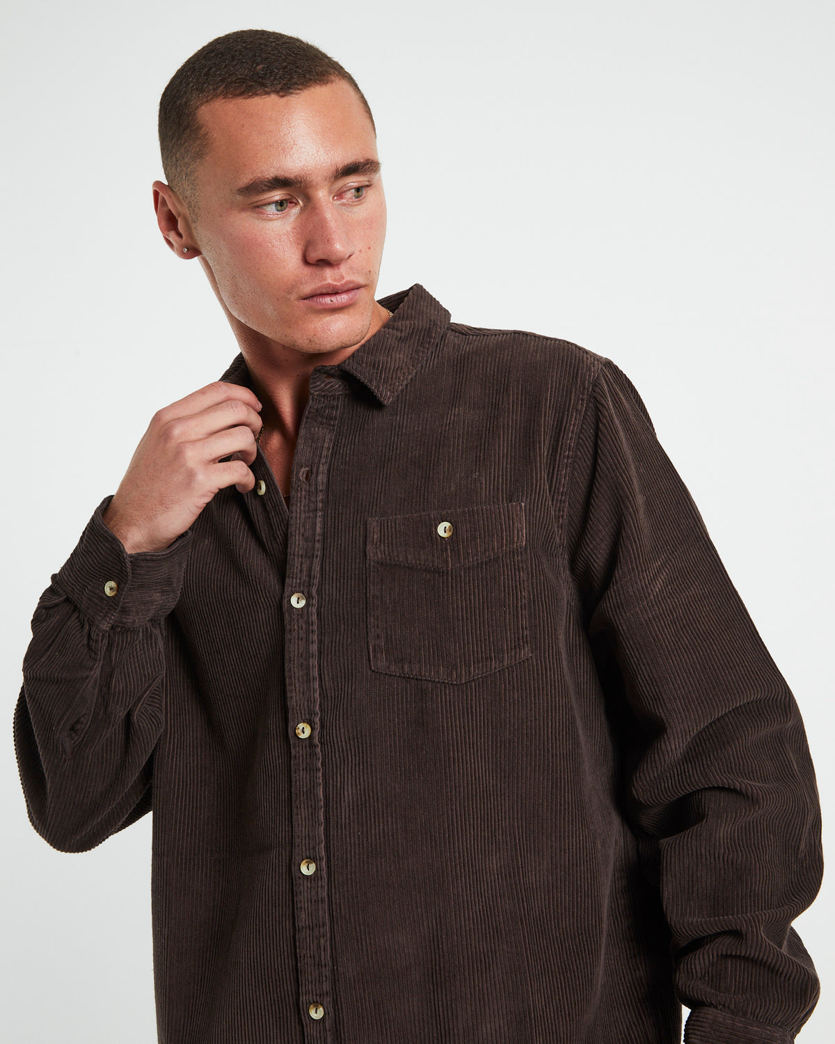 Men At Work Fat Cord Long Sleeve Shirt in Brown BROWN