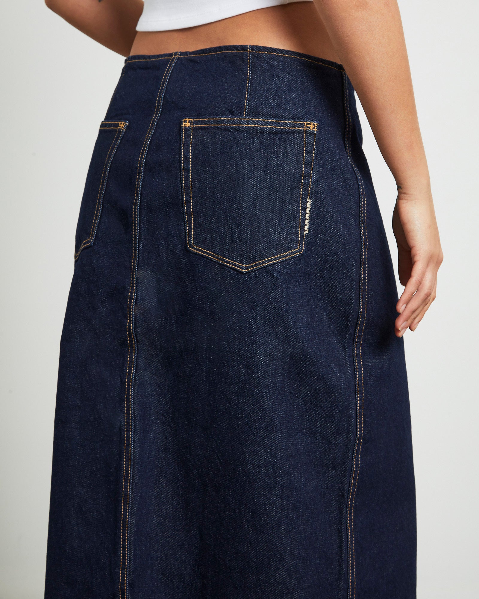 Recut Denim Maxi Skirt in Rinsed Denim Blue BLUE