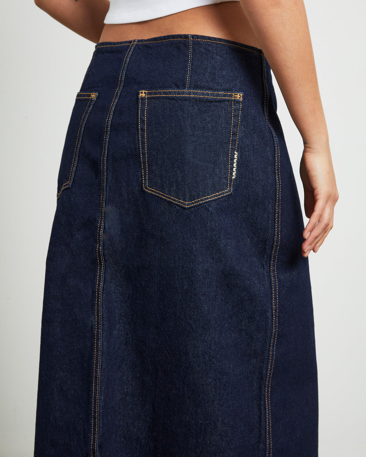 Recut Denim Maxi Skirt in Rinsed Denim Blue BLUE
