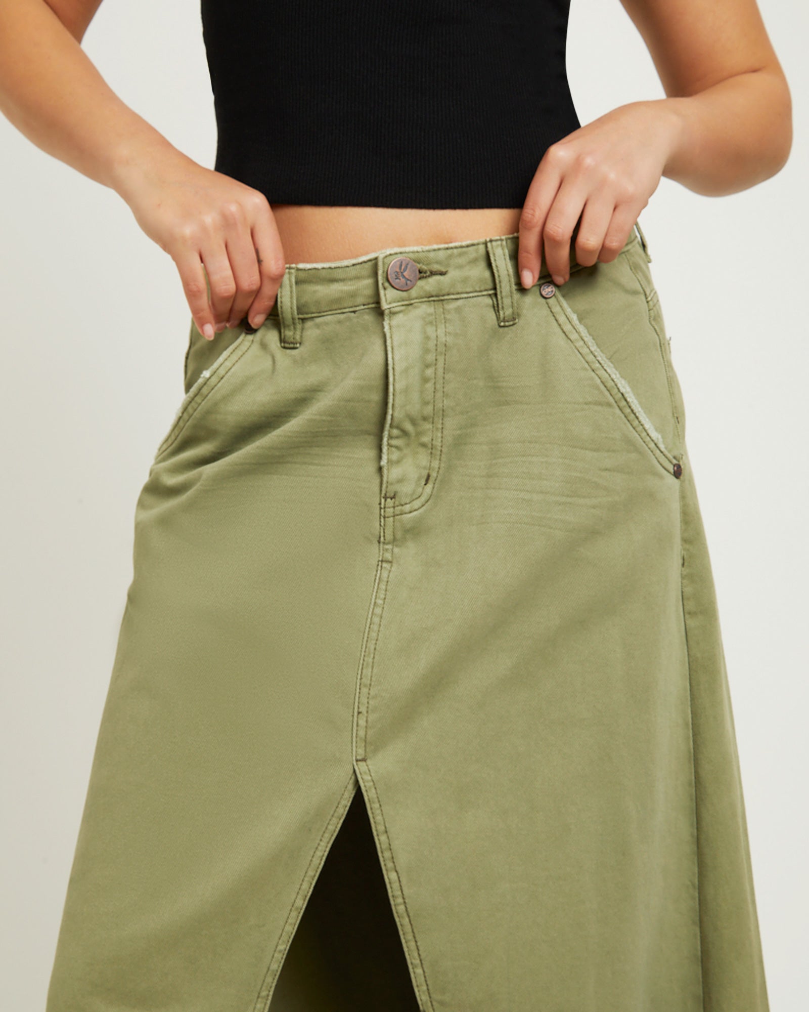 St Khaki Mrs Carter Long Denim Skirt in Green GREEN