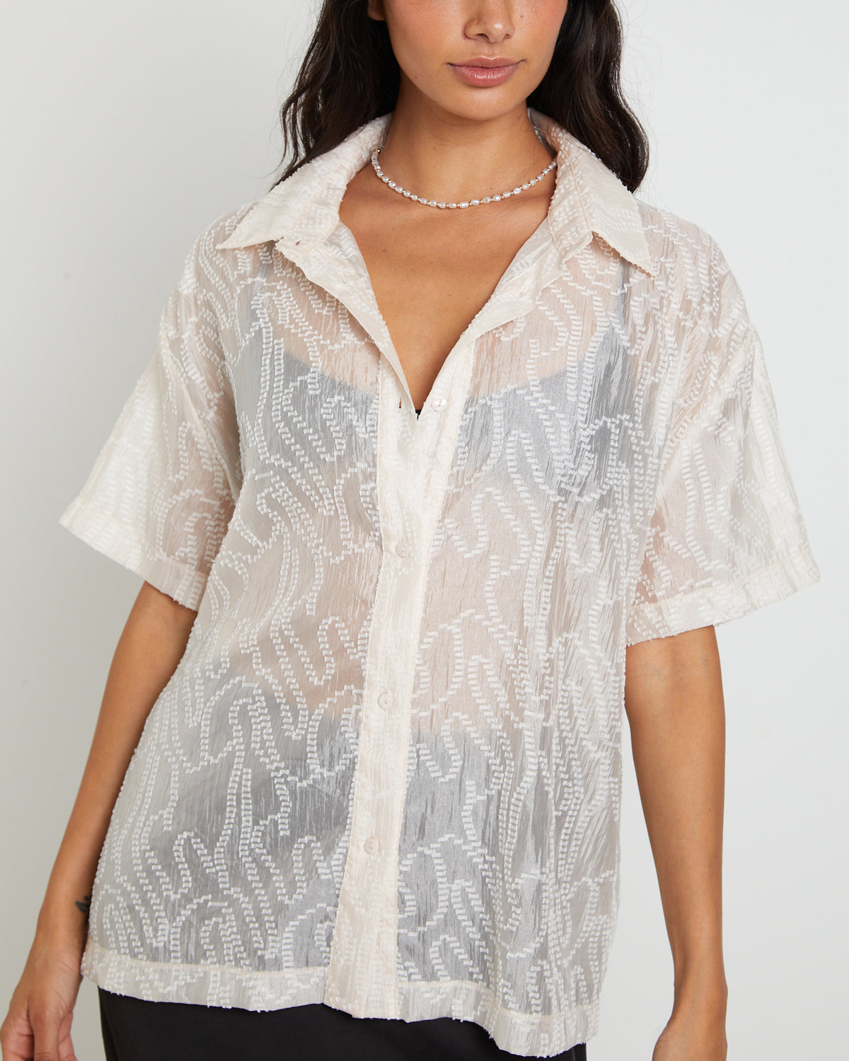Avery Sheer Textured Short Sleeve Shirt in White WHITE