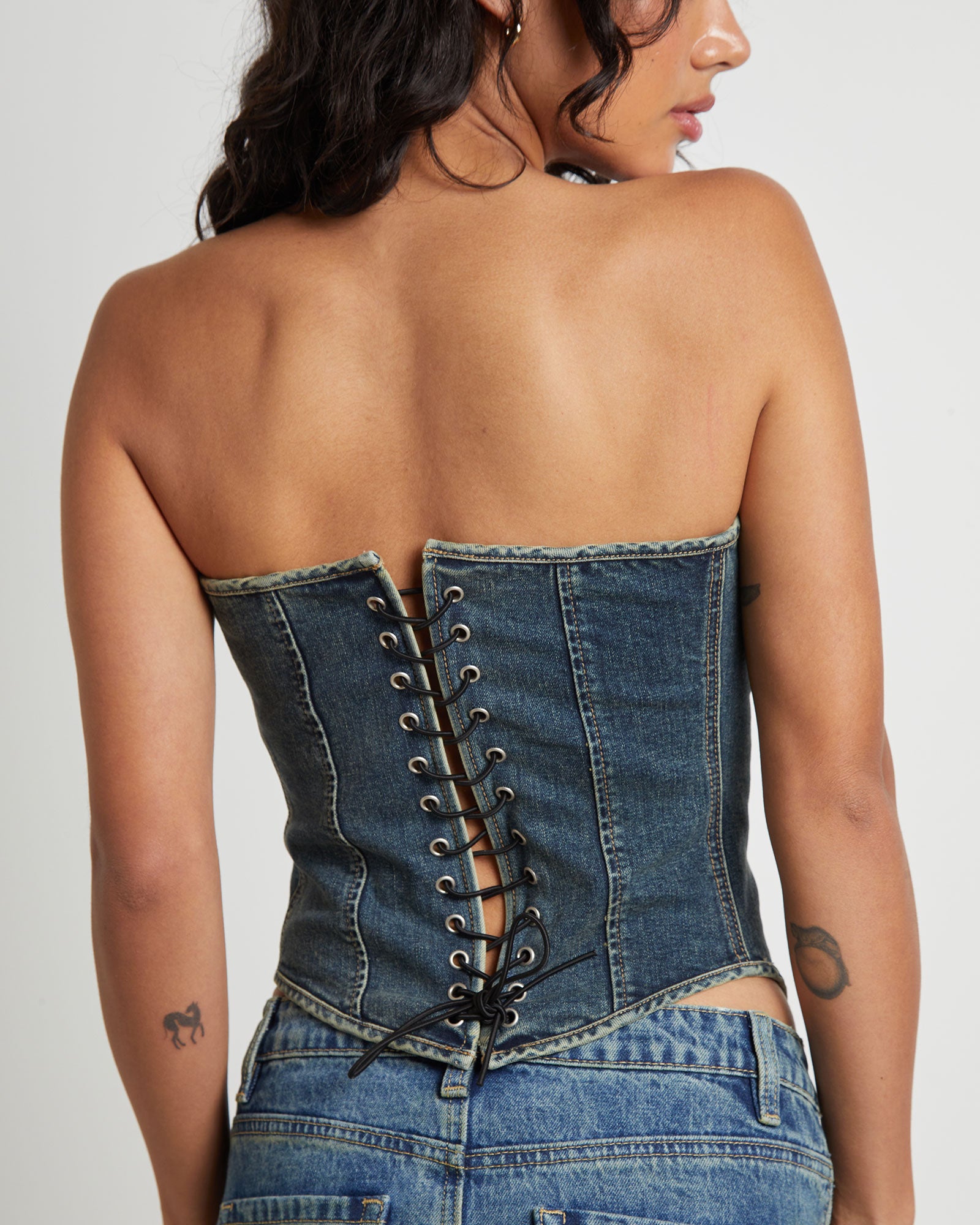 Taytum Hook + Eye Front Denim Corset in Vintage Tint