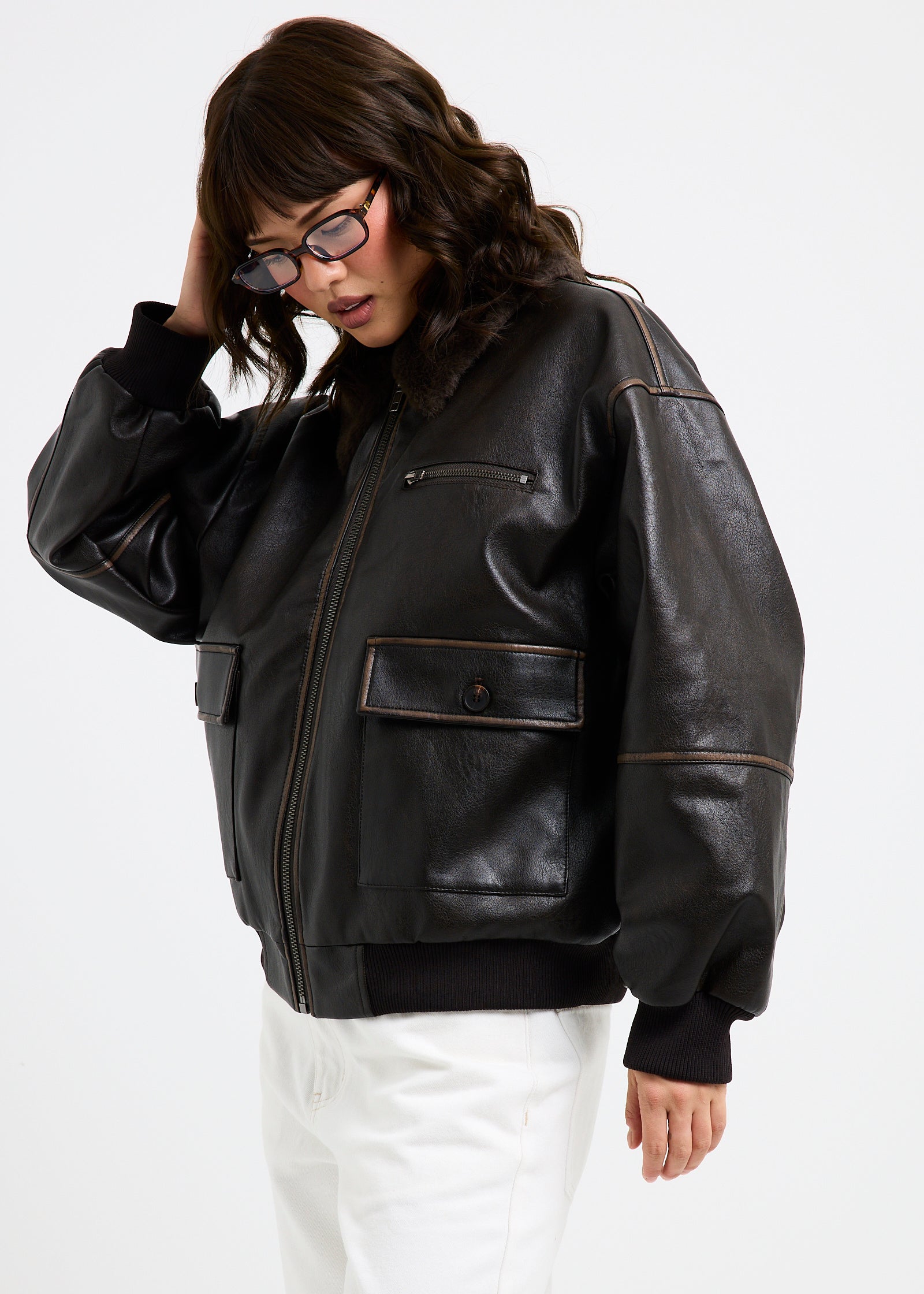 Cody Fur Trim Distressed PU Jacket BROWN