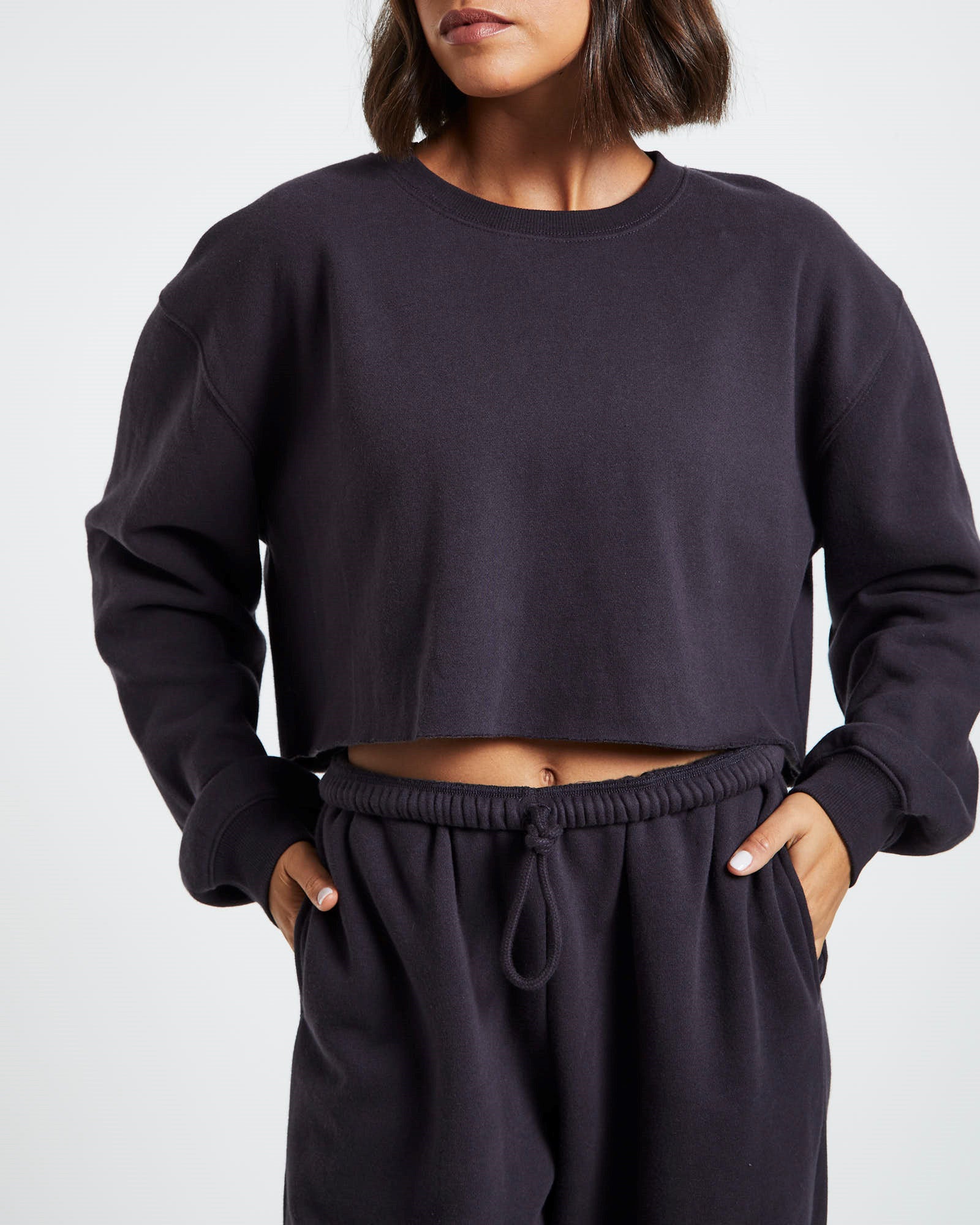 Cropped Raw Hem Fleece Jumper Washed Black BLACK