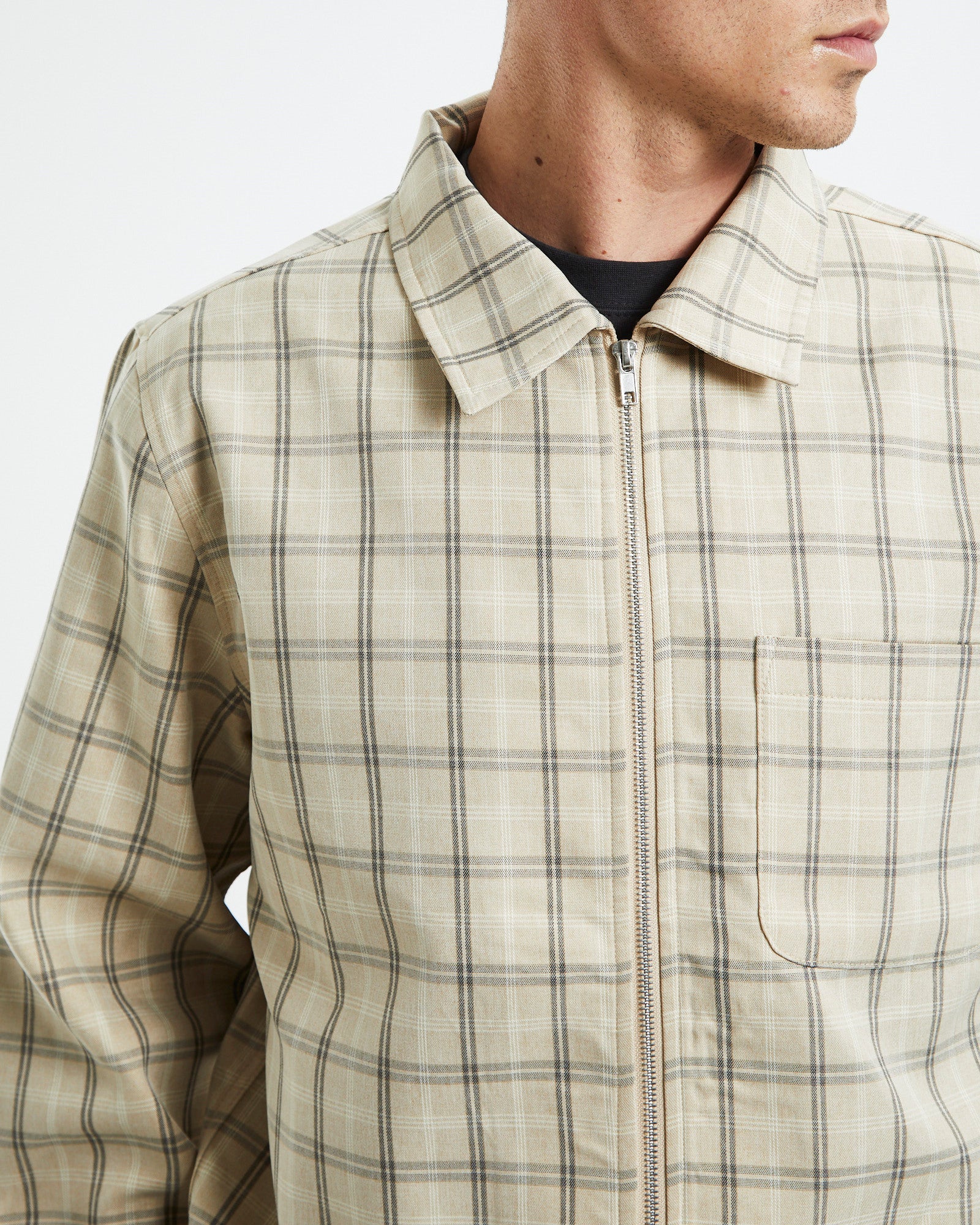 Check Zip Up Long Sleeve Shirt Sand SAND