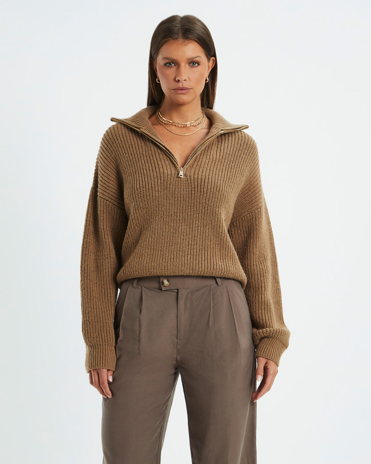 Ezra Half Zip Knit Pull Over Hazelnut BROWN