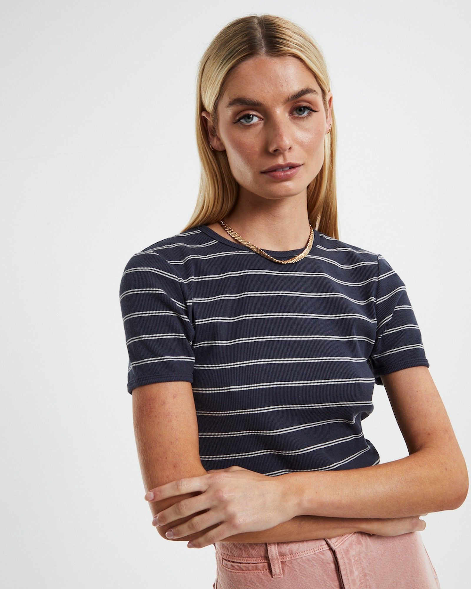 Alex Stripe Baby Rib T-Shirt Faded Black BLACK