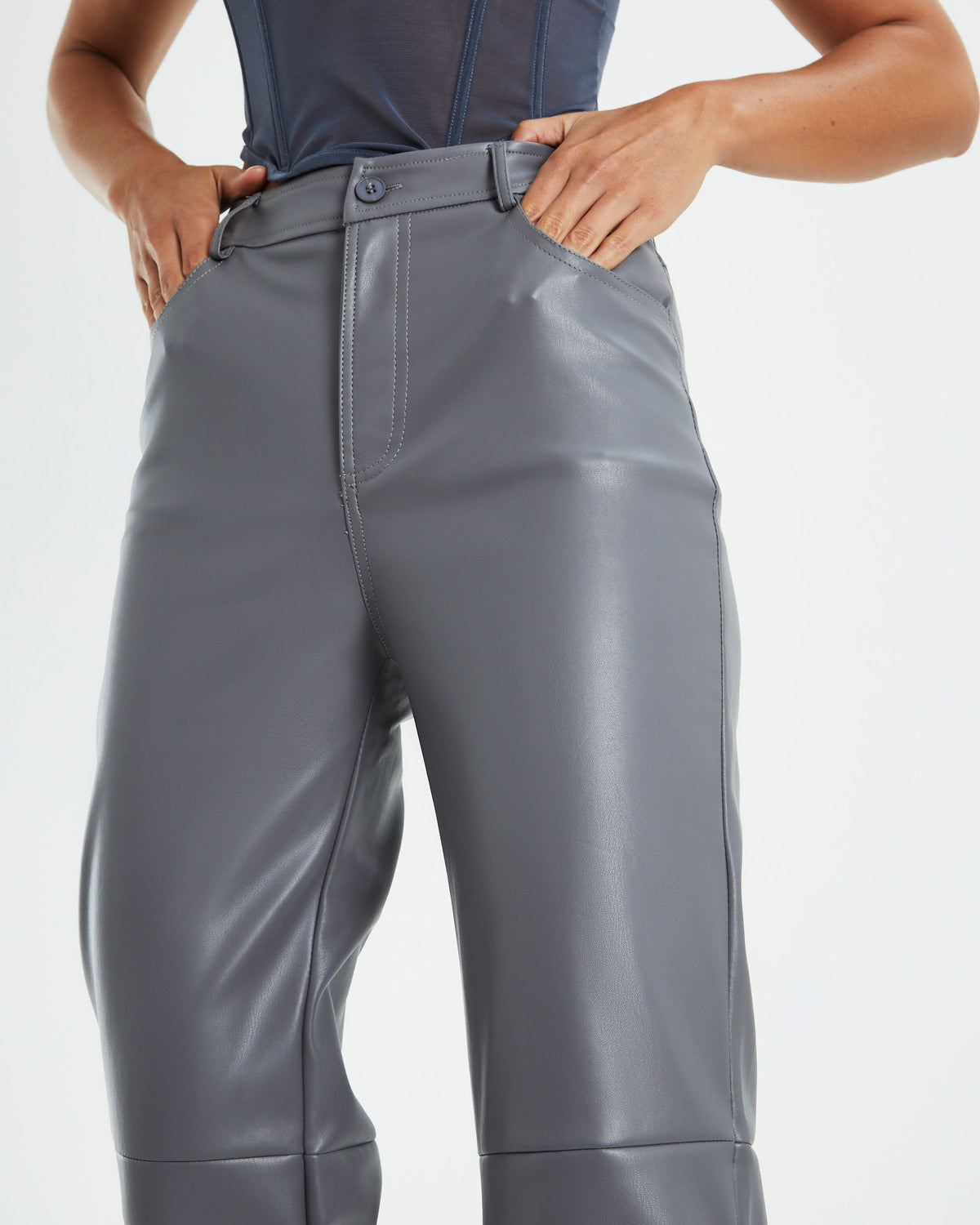Karli Leather Look Straight Leg Pants Grey GREY