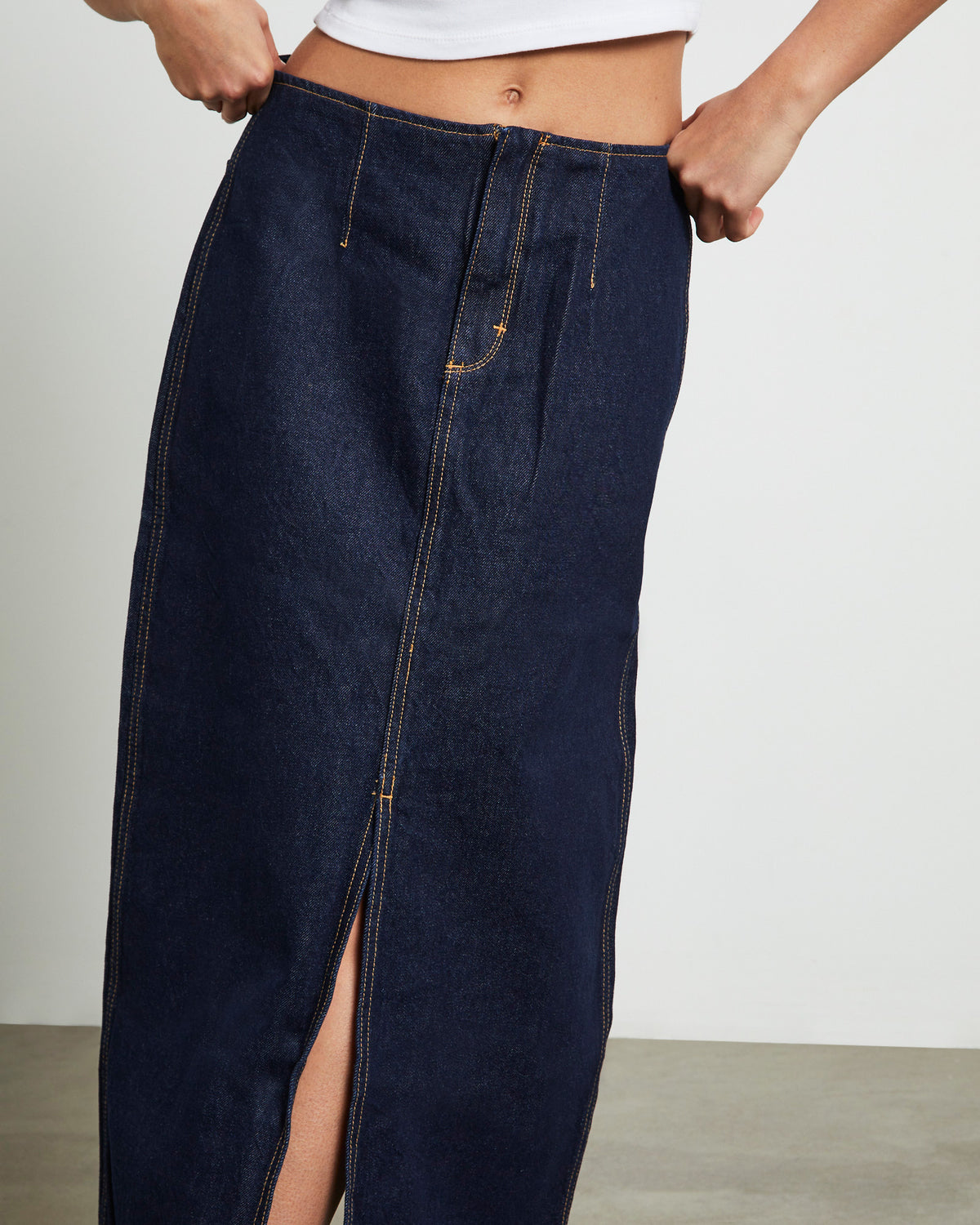 Recut Denim Maxi Skirt in Rinsed Denim Blue BLUE