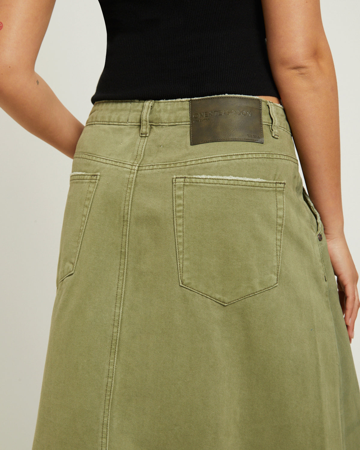 St Khaki Mrs Carter Long Denim Skirt in Green GREEN